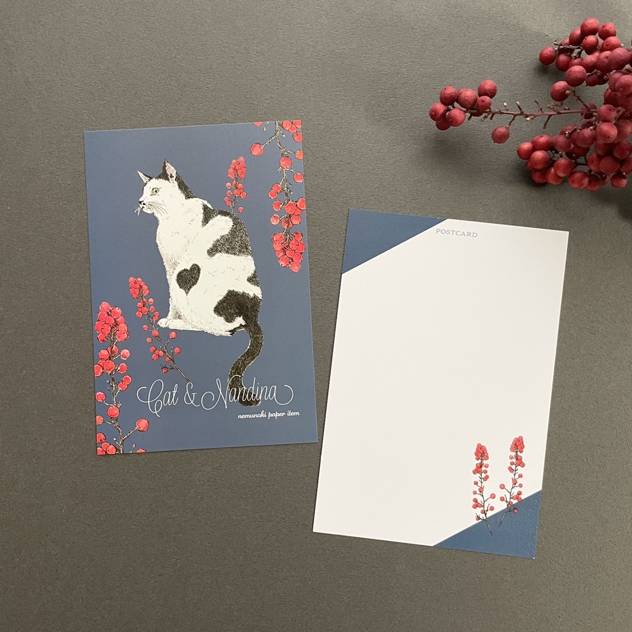 猫と南天 ポストカード3枚セット - nemunoki paper item | minne 国内