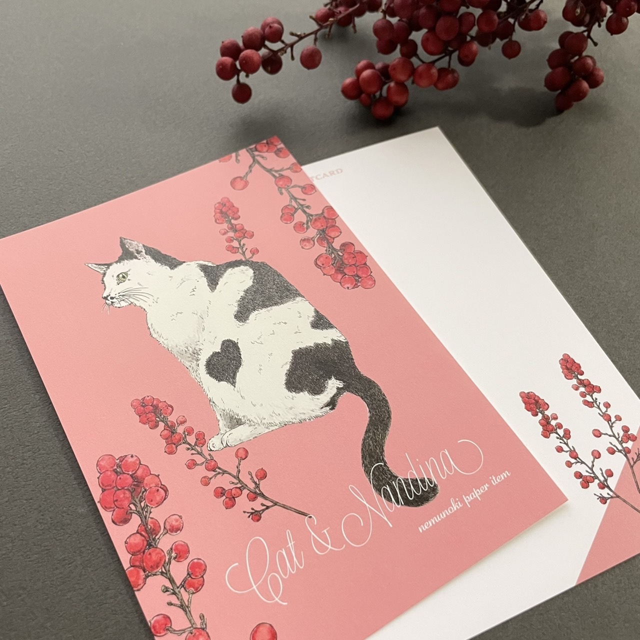 猫と南天 ポストカード3枚セット - nemunoki paper item | minne 国内