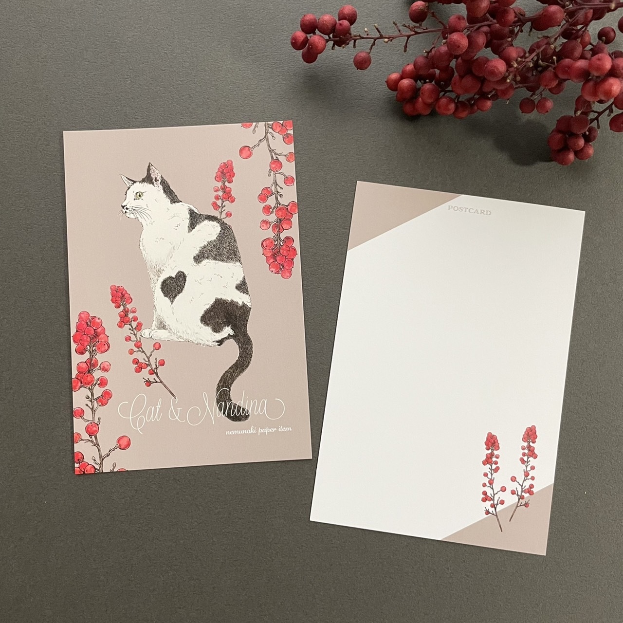猫と南天 ポストカード3枚セット - nemunoki paper item | minne 国内