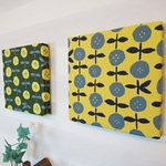 まんまるフラワー（イエロー&グリーン）のファブリックパネル ２枚セット  20cm×20cm