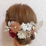 〔❁⃘花弁10枚のお花×小花×パール付き葉っぱ❁⃘〕アメリカンフラワー髪飾り*·⑅白 オレンジ 赤ドライフラワー パール ホワイト 紫陽花 かすみ草 成人式 振袖 結婚式 和装 ウェディング 卒業式袴