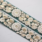 インド刺繍リボンᢂサークルフラワーチュールレース【グリーン】インド刺繍/刺繍リボン/リボン/シルクリボン/トリム/ブレード/ジャガードリボン/チロリアンテープ/レース/チュール