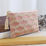 フランス 刺繍 タッセル フラットポーチ L ピンク ゴールド