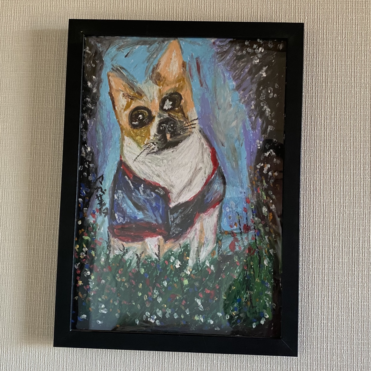 絵画。壁掛け絵原画手描き【草の上で休んでいるかっこいい犬】