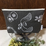 マチありポーチ  北欧柄 刺繍生地 バタフライ グレー