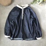 New:˚₊綿100%インディゴデニム⁺˳ループ留めくるみ釦のクラシカルな切り替えギャザーブラウス