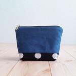 小さめ14cm　水玉のアクセントポーチ　1点物　ポケット付き　ラッピング対応可　ドット　母の日　ブルー帆布　　825