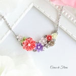 ピンクとパープルのお花のネックレス　つまみ細工　正絹羽二重　シルク