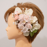 【ショートヘアーやベリーショートの花嫁様に】桜（さくら）カスミソウのヘッドドレスJ　春の結婚式や二次会・フォトウェディングのボンネ風ヘッドパーツ・和装前撮りの白無垢や色打掛の髪飾りにも