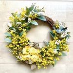 No.wreath-15430★ミモザとラナンキュラスと小鳥の春リース　22-(1) 　春のリース　42x42cm・アーティフィシャルフラワー/造花リース/春のリース