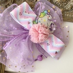 ゆめかわパープルユニコーンりぼん🦄キラキラハート♡ポンポン♡ビッグリボン♡入園入学♡プチギフト💕発表会♡キッズリボンヘアゴム