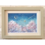 和紙ちぎり絵『コットンキャンディーの雲と流れ星』葉書サイズ原画