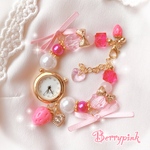 Berrypink♡苺とリボンのブレスレットウォッチ♡腕時計♡濃いピンク