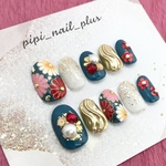 ⭐︎ネイルチップM現品⭐︎ 一点限り⭐︎ オーバル標準サイズ　ミラー　菊　くすみブルー　赤　白　ゴールド　手描きの和花