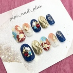⭐︎ネイルチップM現品⭐︎ 一点限り⭐︎ オーバル標準サイズ　ミラー　シャクナゲ　菊　青　白　ゴールド　手描きの和花