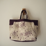 春の花柄×グレープ　帆布　両脇ポケット　横長トートBAG　帆布　紫♪　