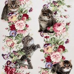 国産シーチング*キルトゲイト*薔薇と子猫 アンティークローズ ボーダーピンク
