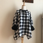ベルギーLibeco社白黒チェックリネンで作った前後OKフリルゆったりプルオーバー