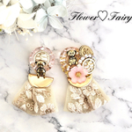 1点もの✨くまさん🧸ボタン×インド刺繍リボンピアスorイヤリング   桜🌸   ピンク クリア  ボタンピアス 2way  アシンメトリー  アンティークボタン お花ボタン ヴィンテージボタン