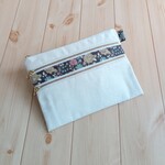【SALE】3段ファスナーポーチ　レトロな小花柄　バッグインバッグ　母子手帳・通帳ケース　ラッピング対応可　大きめ　セール　生成帆布　ブラウン　　146