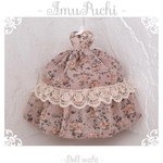 アンティークな花柄シフォンのドレス-ピンクベージュ×生成りレース-