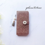 訳ありアウトレット！【iphoneXSMAX】♥ 刺繍 フラワー ブラウン 選べるオプションビジュー＆肩掛けストラップ
