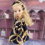 復刻版初代リカちゃんサイズ ミニ丈レトロワンピース(Géométrie bleu foncé) ターバン　コインネックレス付き3点セット