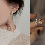 18kgp◆パールとビジューのドロップイヤリング   樹脂イヤリング樹脂ピアス金属アレルギーノンホールピアスゴールド一粒