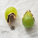[P2203-1] 【2個】 ストーン風 しずく ピアス ゴールド 金 ぴあす 雫 グリーン マスカット 黄緑