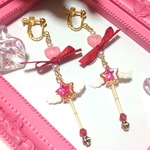 ミニ魔法ステッキ♡イヤリング(赤、ピンク/ゴールドカラー)※ピアス変更可