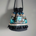 Sサイズ✴︎インドブレード＆麻スラブ　丸底ミニ巾着バッグ　刺繍　花柄　ゴールドスパンコール　ブルーグリーンテイスト