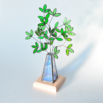 ステンドグラス★新作一輪挿し緑葉★ブルーガラス枯れない植物ガラスインテリア雑貨★特集掲載