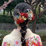 アネモネレッド水引髪飾り　卒業式　袴　袴ヘア　成人式　ヘアドレス　ヘアパーツ　プリザーブドフラワー　ドライフラワーフラワー