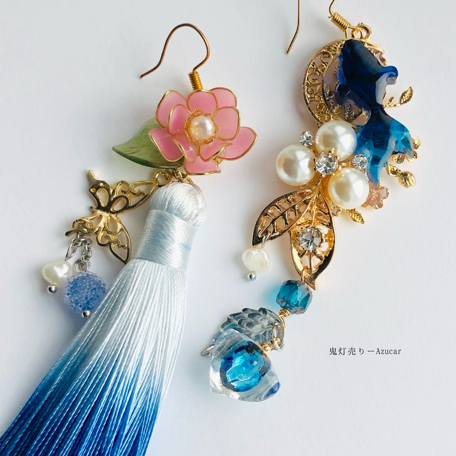 蒼金魚と鬼灯と蓮の和風ピアス イヤリング(色変化) 蝶々と淡水パール付き 蒼金魚と鬼灯と青の彼岸花の和風ピアス イヤリング蝶々と淡水