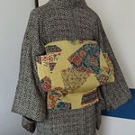 【Ｔ様予約品】 「さくら造り帯」 木綿帯の切り嵌めプリントの銀座結び　E-11