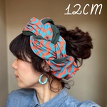 三つ編みヘアバンド  幅12cm なみなみ柄×無地　リバーシブル　オレンジ×グリーン　コットン　100% 大人用