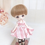 cピンクチェックワンピース_全円スカート【オビツ11/10cmサイズ】