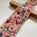 約7.5cm幅/刺繍リボン/シルク調/ピンク/鳥/バード/花刺繍