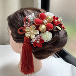 成人式　髪飾り　つまみ細工　結婚式　打ち掛け　赤　エンジ　白　金　ゴールド　水引✨✨✨