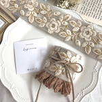 チュールホワイト×ブラウン𖧷インド刺繍 刺繍 リボン ポニーフック ヘアカフ ヘアカフス ヘアフック ラップリボン ラップポニー ヘアアクセサリー 紐アレンジ 紐