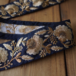 【1mカット済み】シルク　インド刺繍リボン   【ネイビー】