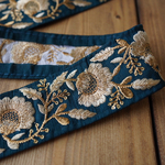 【1mカット済み】シルク　インド刺繍リボン   【ブルーカナール】