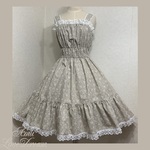 1点物*ローズ柄 2段ティアード シャーリング ジャンパースカート★花柄 ベージュ×オフ白レース (即納品)