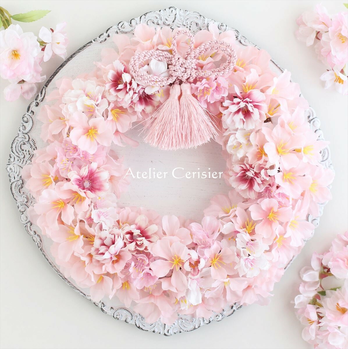 桜 リース 叶結び（願いが叶う）＜アーティフィシャルフラワー＞さくら・サクラ ライトピンク （ピンク組み紐）２７セン