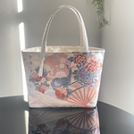 帯リメイクバッグ　扇子に孔雀オシドリ花車　くすみピンク　ミニトートバッグ