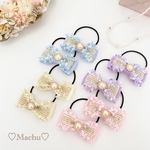 【happy price】《パープルのみ》リボン　キッズヘアゴム　同色2個セット　パール付き　ツィードリボン　