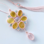 (土日月限定SALE)🌸春のお花🌸琥珀×レインボームーンストーン×ローズクォーツ×アマゾナイトのお花のマクラメネックレス