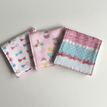 SALE価格♡ハーフサイズ♡ミニハンカチ3枚セット♡女の子柄(ミニユニコーン、リボン、チョコレート)ダブルガーゼ