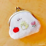 恐竜 手刺繍 がま口 (リネン生地)