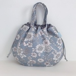 巾着バッグ・持ち手付き巾着　アンティークフラワー【ブルーグレー】